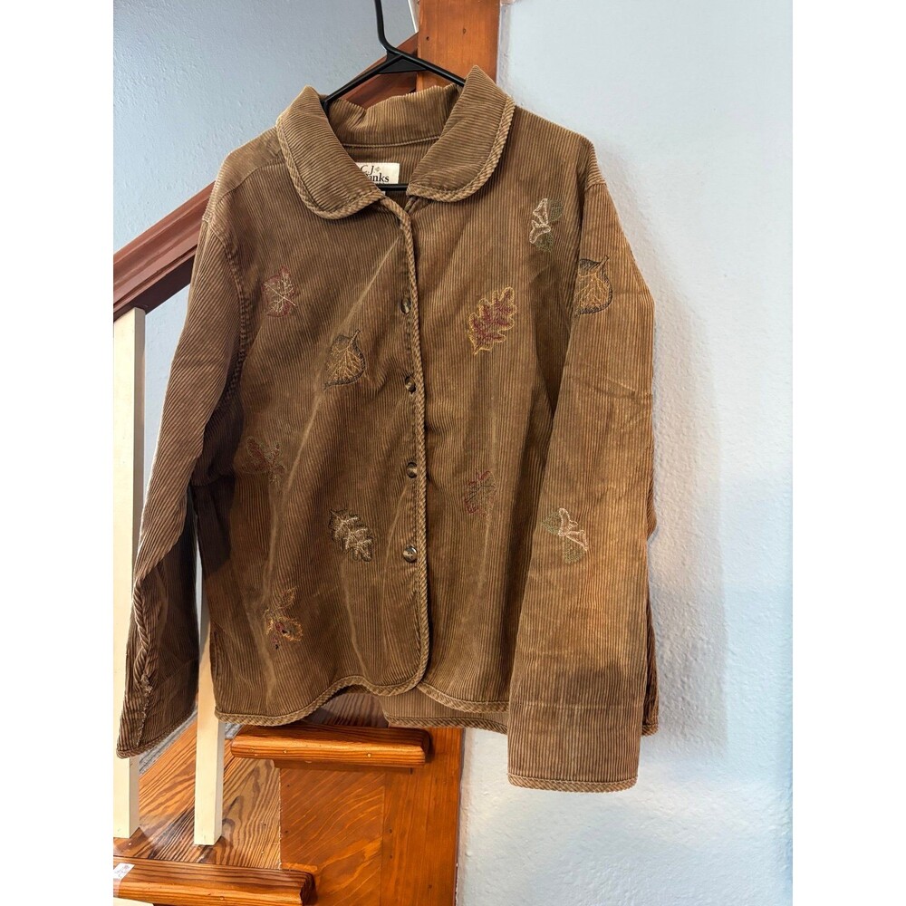 Brown Corduroy Shacket jacket vtg y2k Leaf Embroidery cj banks fall 18 Autumn